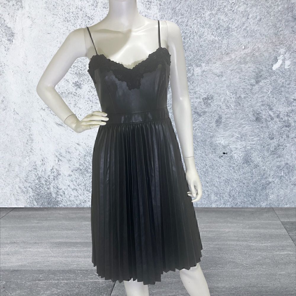 Express Black Faux Leather Pleated‎ Spaghetti Strap Dress Gothic, Dark Academia